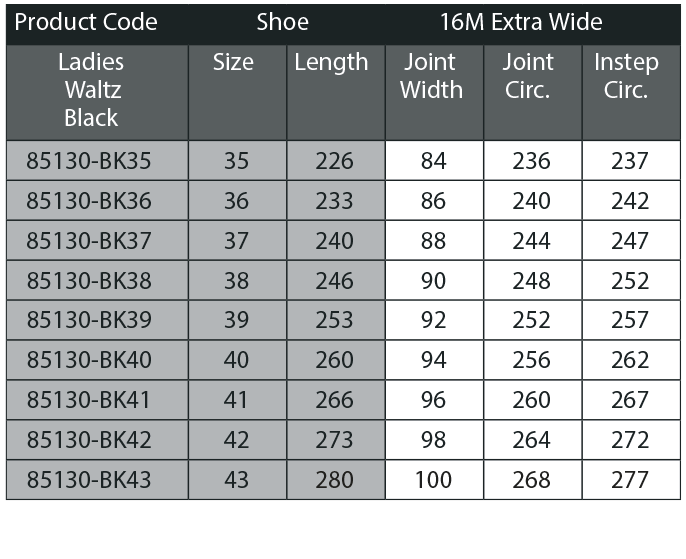 Waltz ladies extra wide shoes size chart